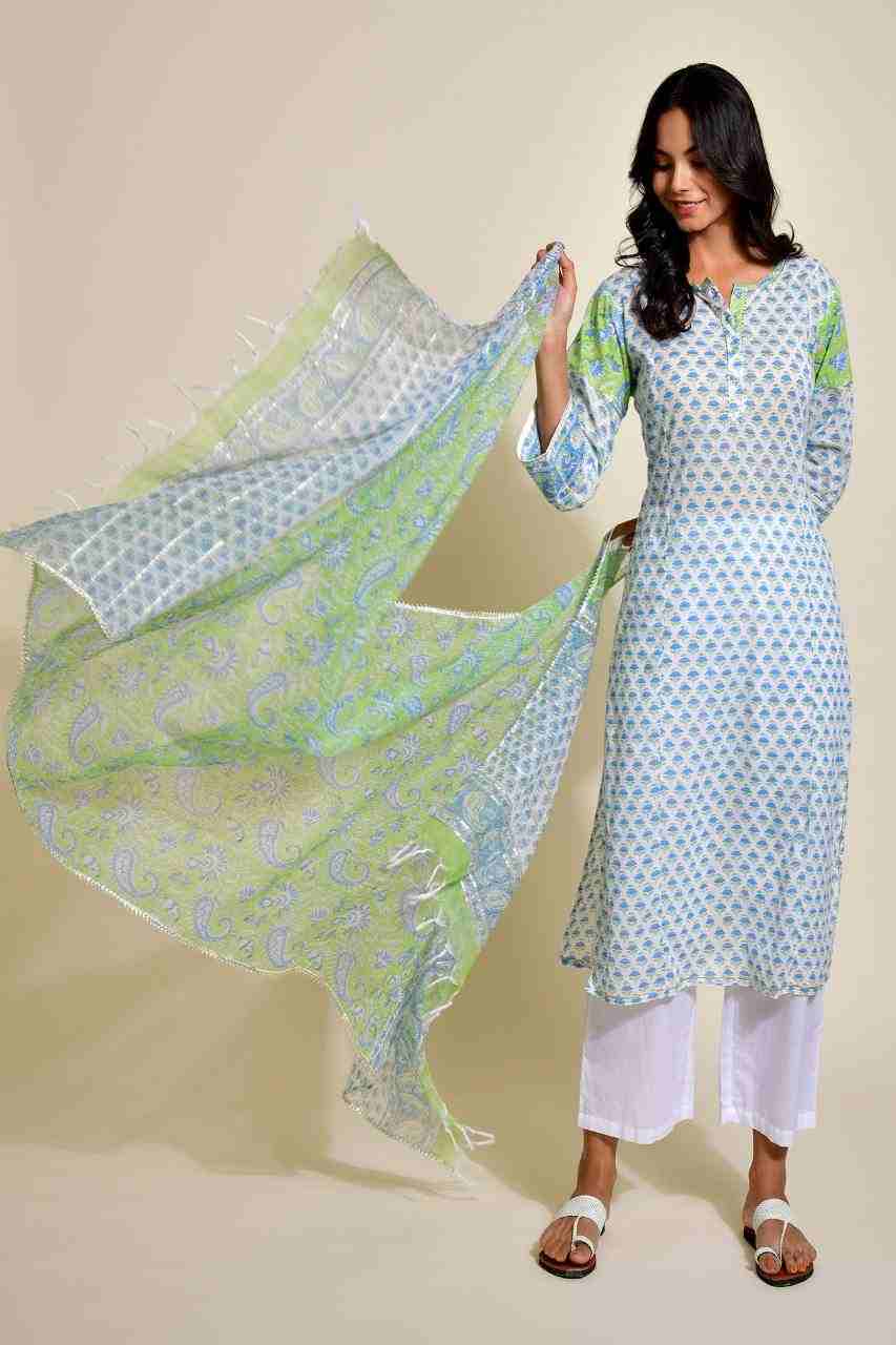 Naksh Blue Green Buti Print Kurta and Dupatta (Set of 2)