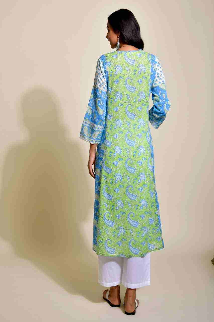 Naksh Green and Blue A-Line Kurta with Pockets