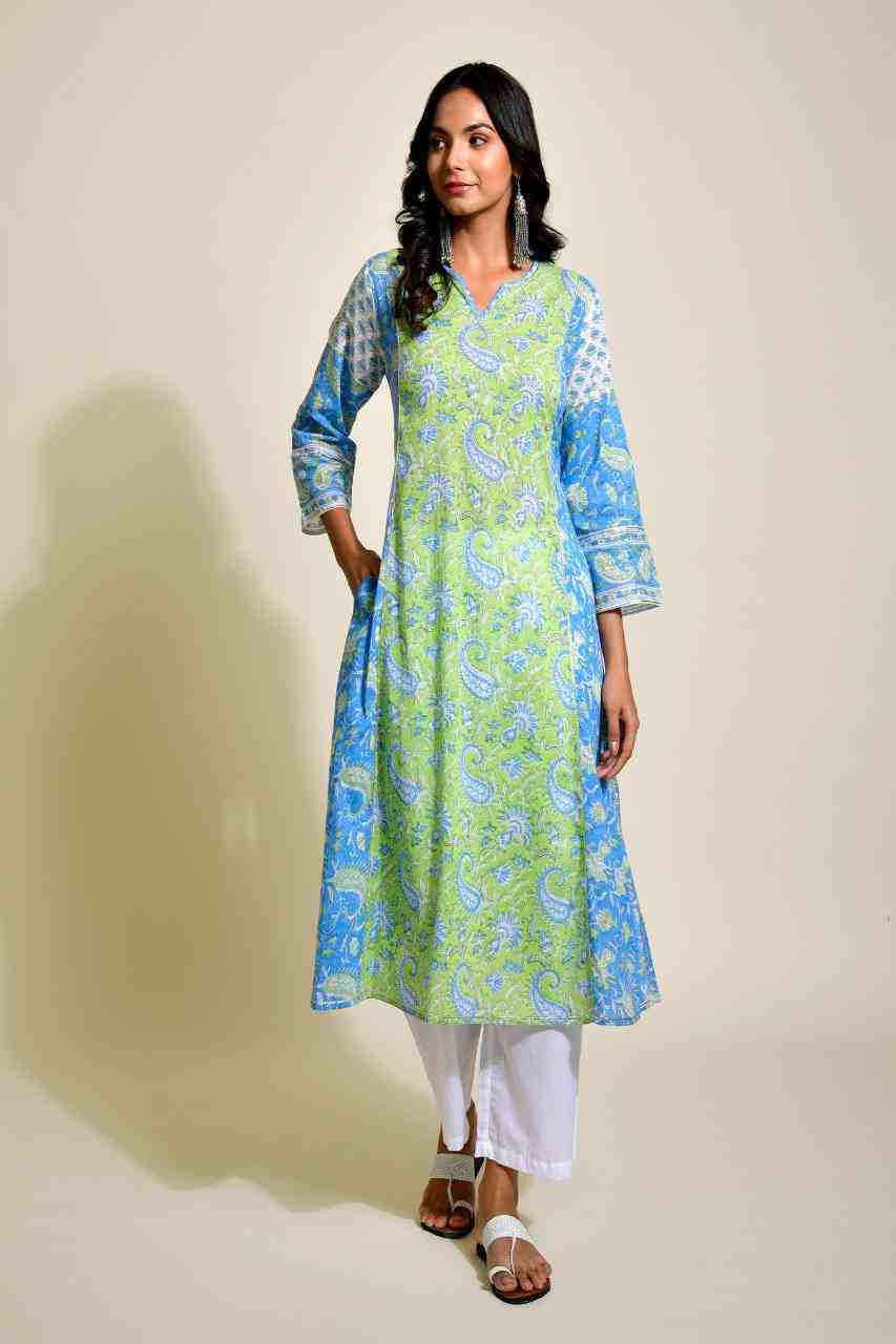 Naksh Green and Blue A-Line Kurta with Pockets