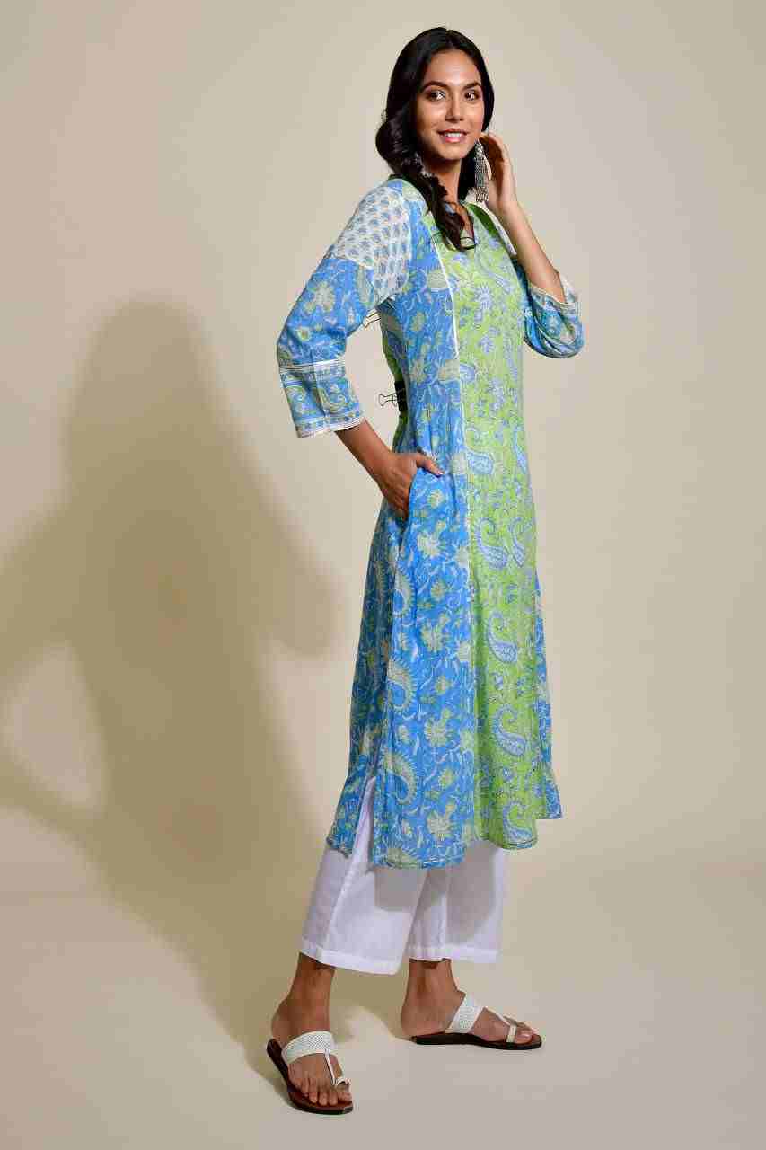 Naksh Green and Blue A-Line Kurta with Pockets