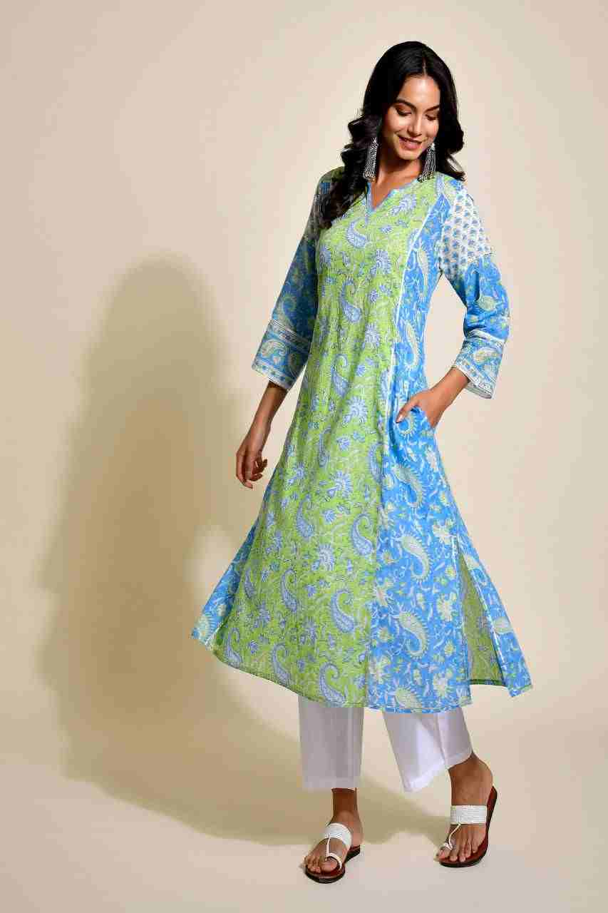 Naksh Green and Blue A-Line Kurta with Pockets