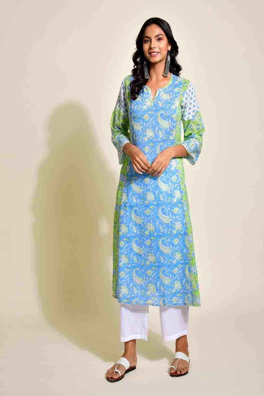 Naksh Blue and Green A-Line Kurta with Pockets