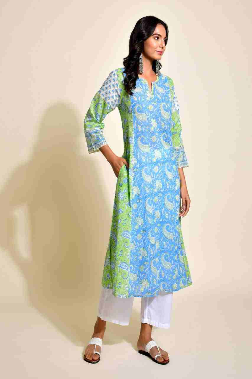 Naksh Blue and Green A-Line Kurta with Pockets