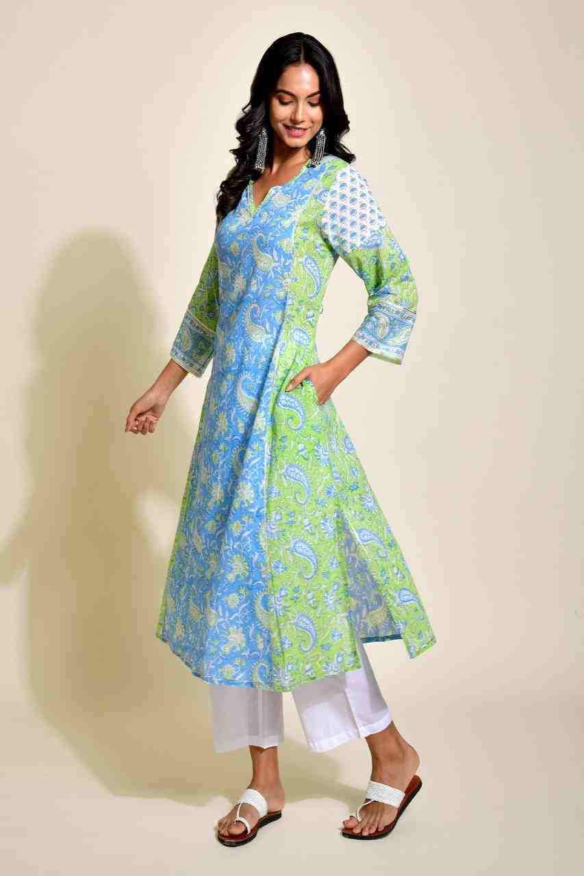 Naksh Blue and Green A-Line Kurta with Pockets