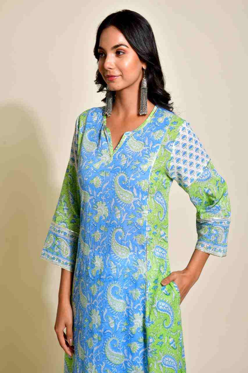 Naksh Blue and Green A-Line Kurta with Pockets