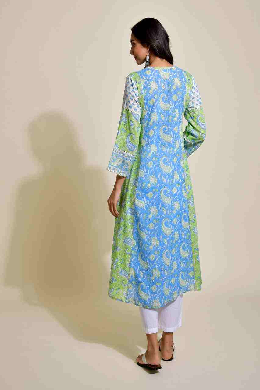 Naksh Blue and Green A-Line Kurta with Pockets
