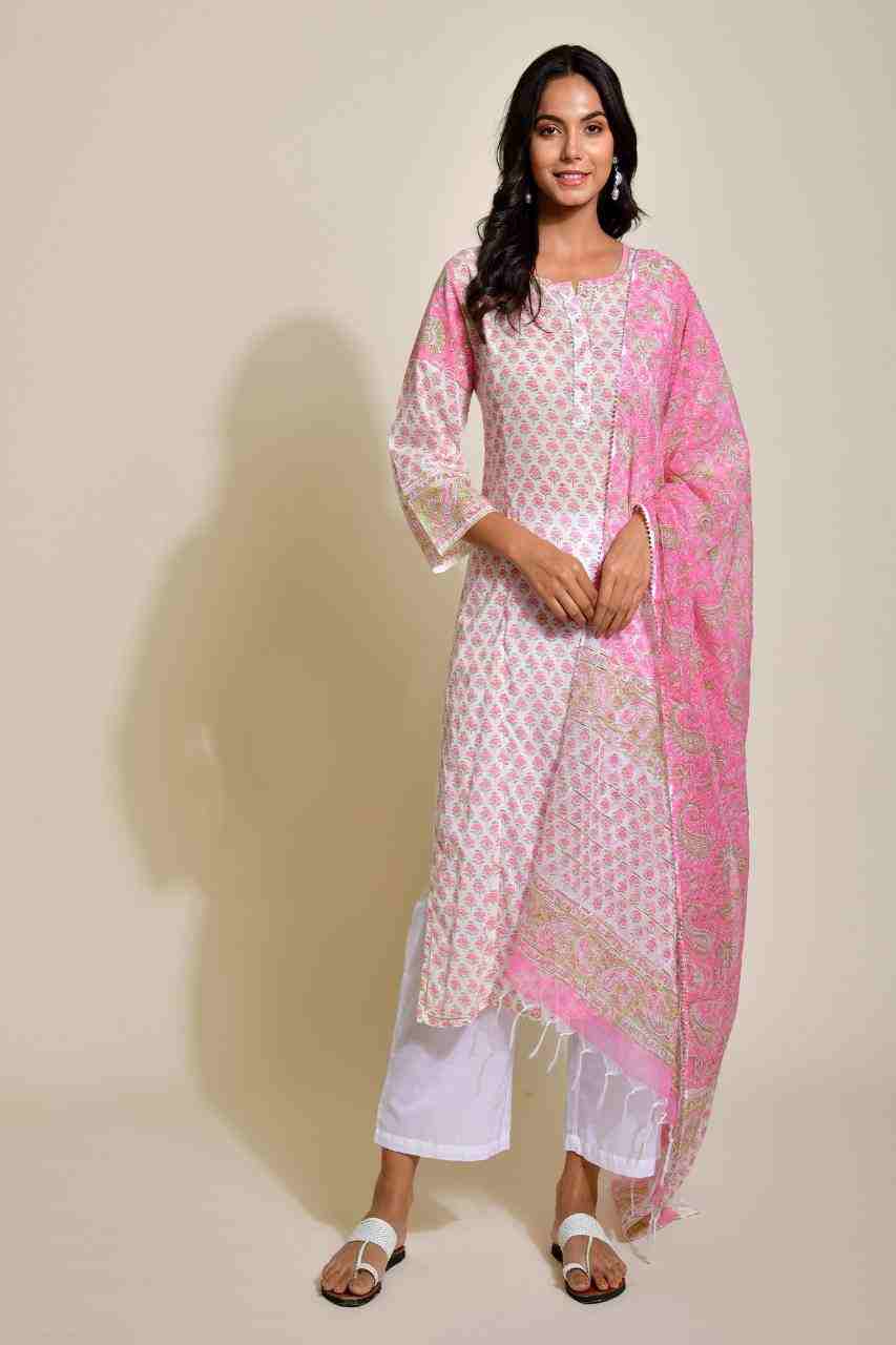 Naksh White and Pink Buti Print Kurta and Dupatta (Set of 2)