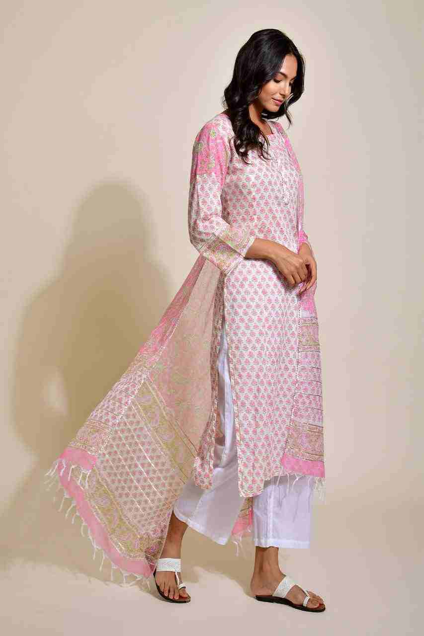 Naksh White and Pink Buti Print Kurta and Dupatta (Set of 2)