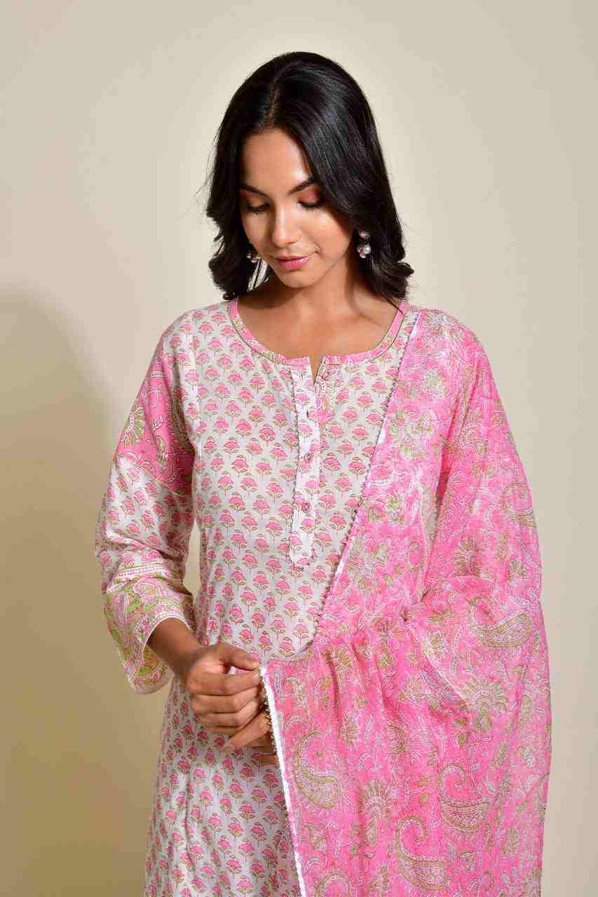 Naksh White and Pink Buti Print Kurta and Dupatta (Set of 2)