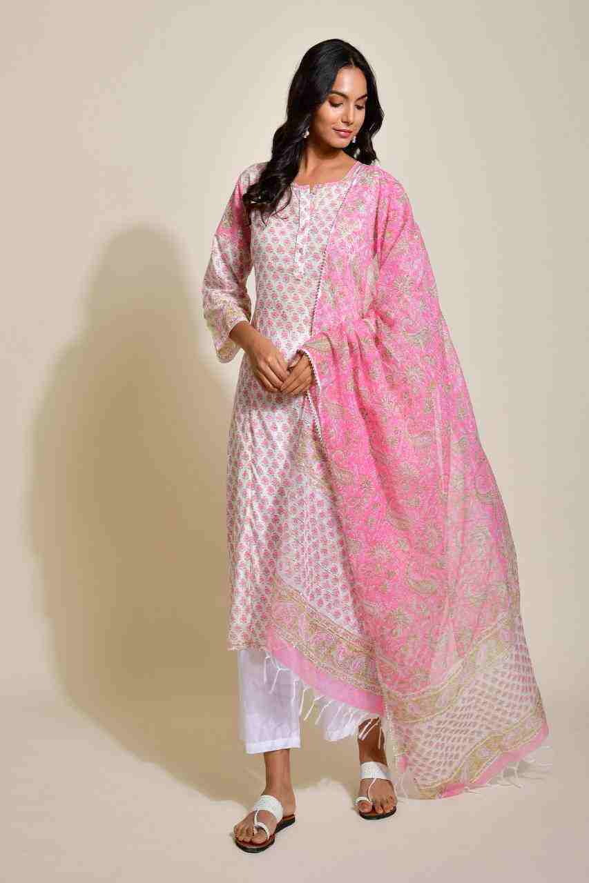 Naksh White and Pink Buti Print Kurta and Dupatta (Set of 2)