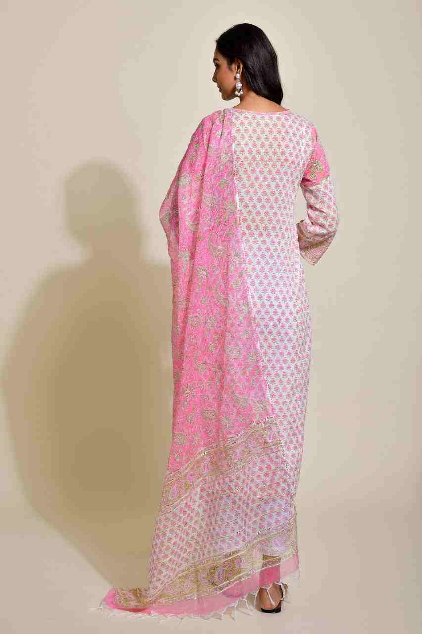 Naksh White and Pink Buti Print Kurta and Dupatta (Set of 2)