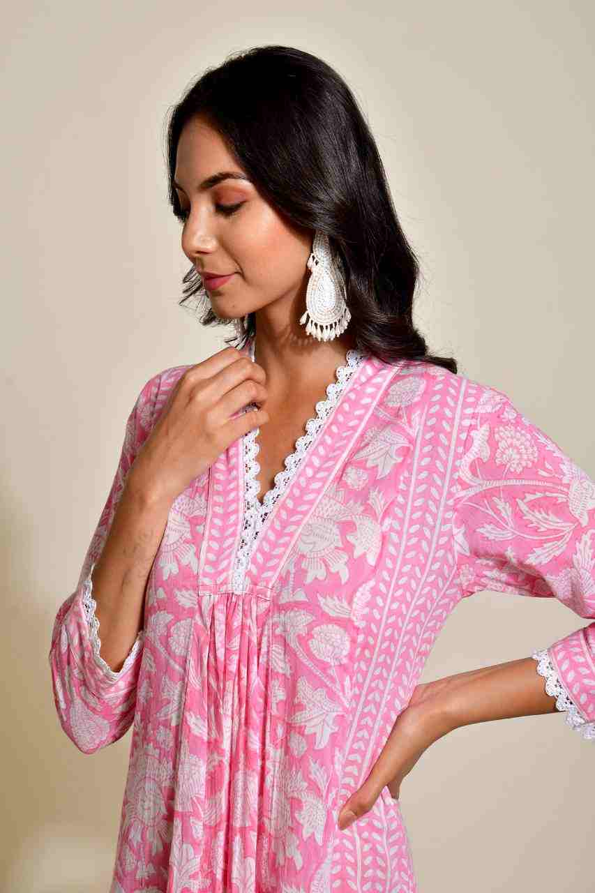 Naksh Pink and White Crochet Kurta/Dress