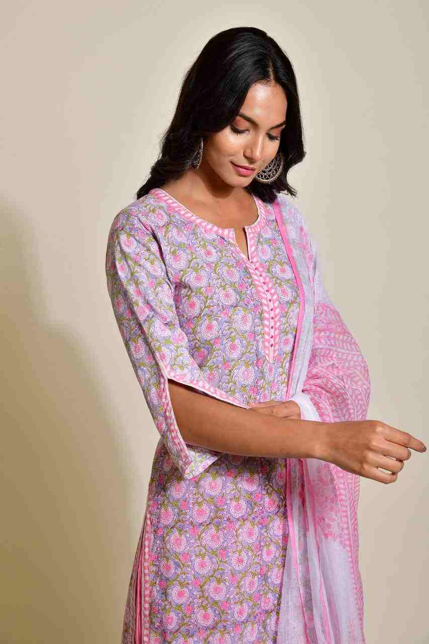 Naksh Grey and Pink Buti Print Kurta and Dupatta (Set of 2)