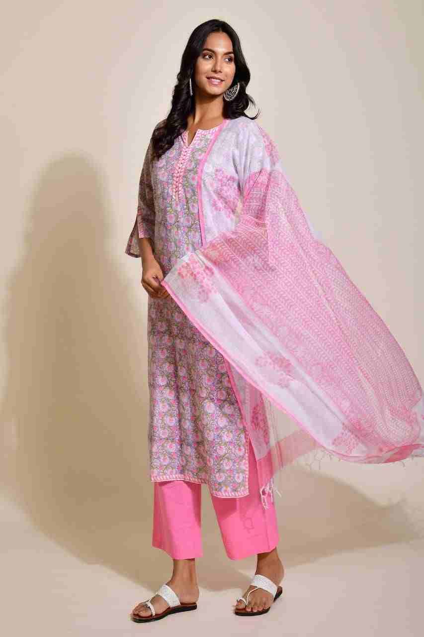 Naksh Grey and Pink Buti Print Kurta and Dupatta (Set of 2)