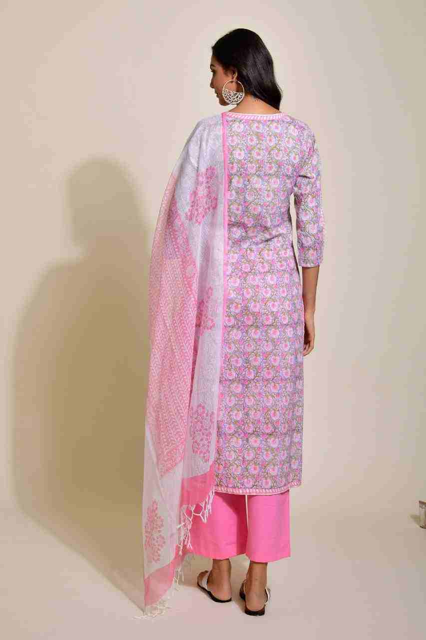 Naksh Grey and Pink Buti Print Kurta and Dupatta (Set of 2)