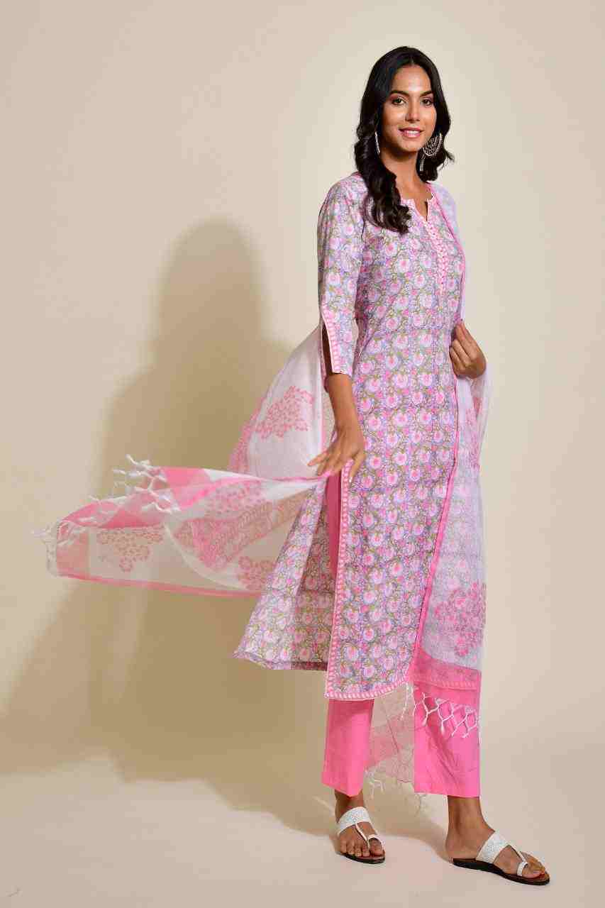 Naksh Grey and Pink Buti Print Kurta and Dupatta (Set of 2)