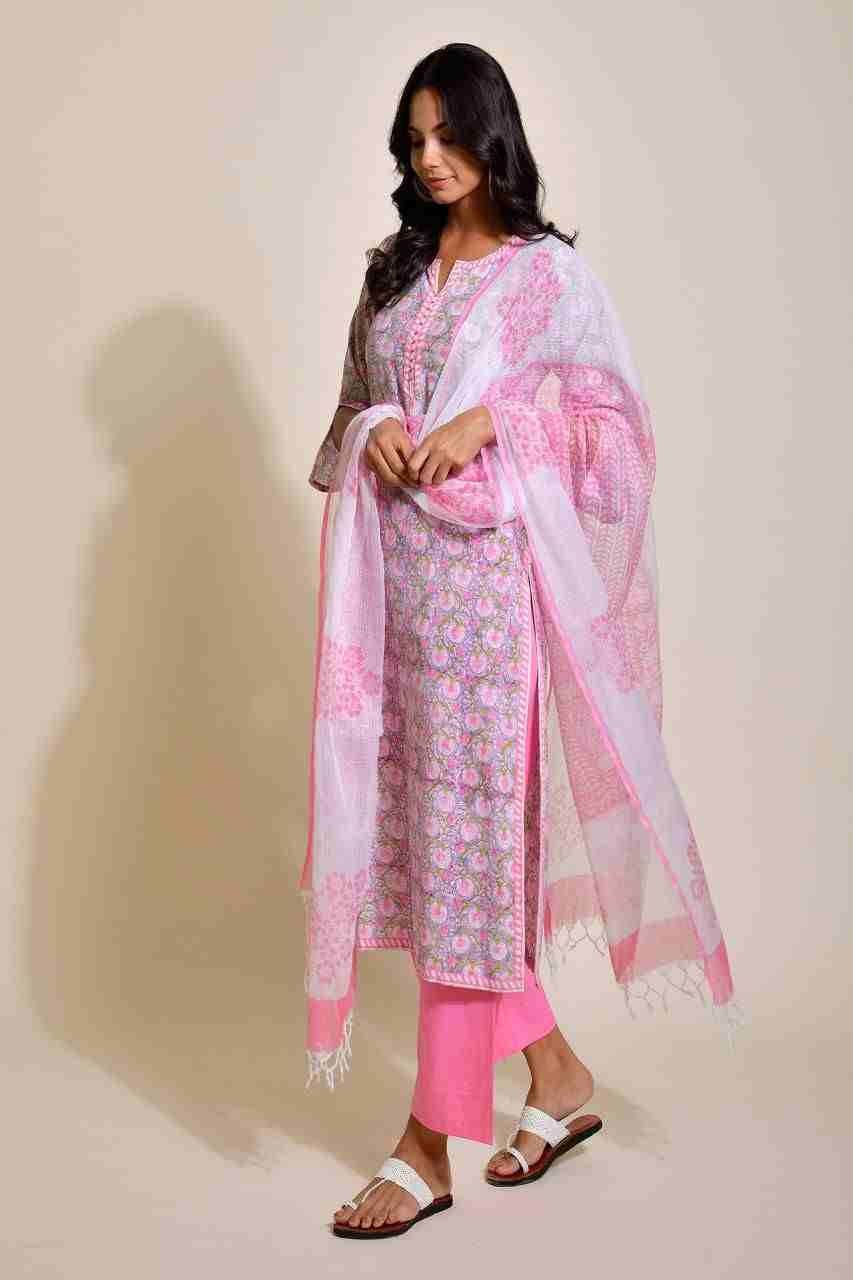 Naksh Grey and Pink Buti Print Kurta and Dupatta (Set of 2)