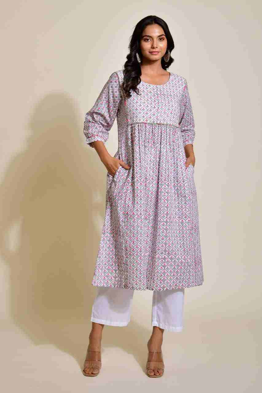 Naksh White and Grey A-Line Kurta With Pockets