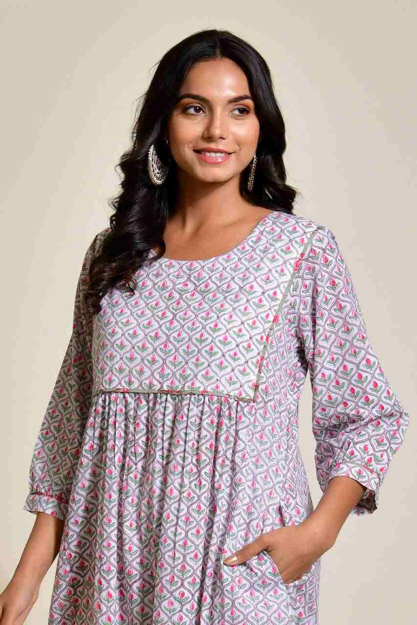 Naksh White and Grey A-Line Kurta With Pockets