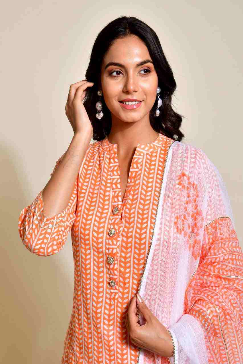 Naksh Orange and White Striped Print Kurta and Dupatta (Set of 2)