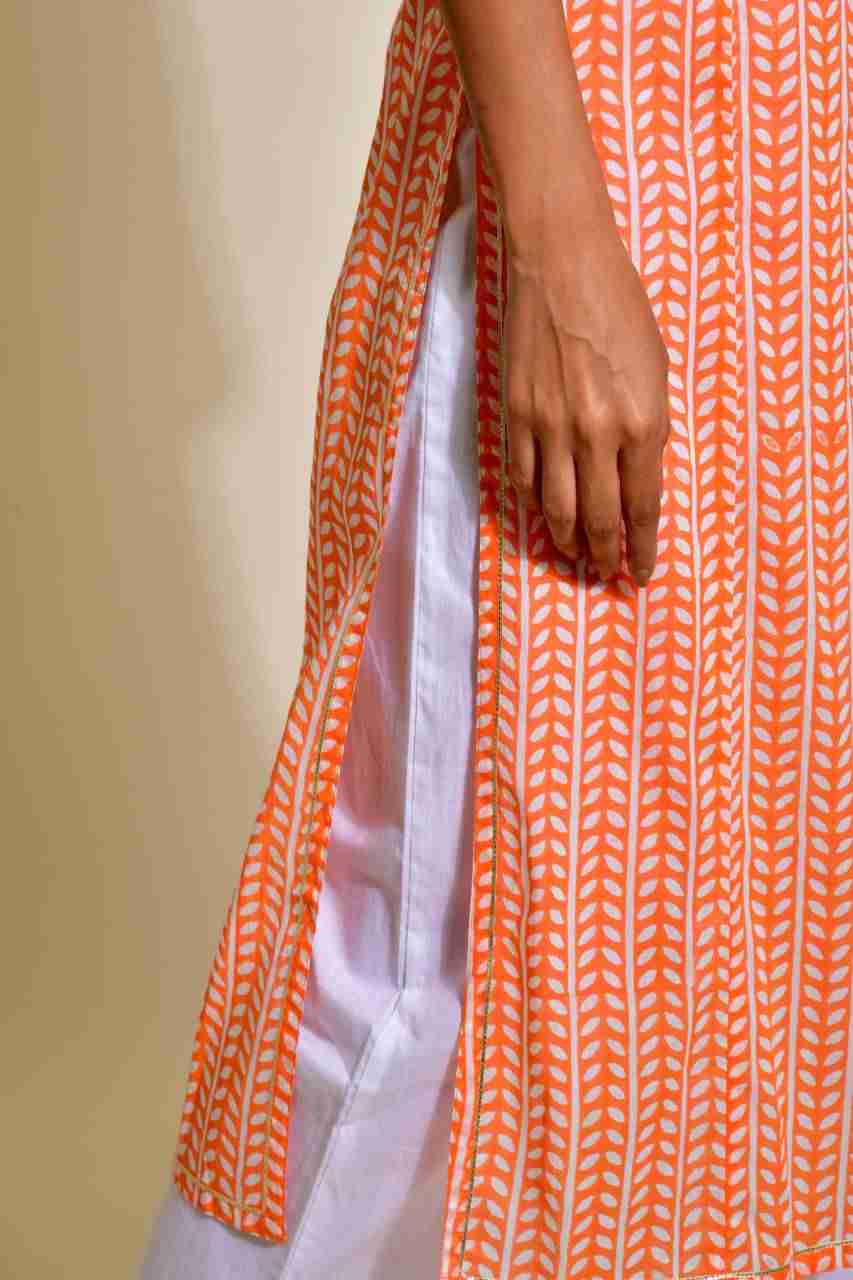Naksh Orange and White Striped Print Kurta and Dupatta (Set of 2)