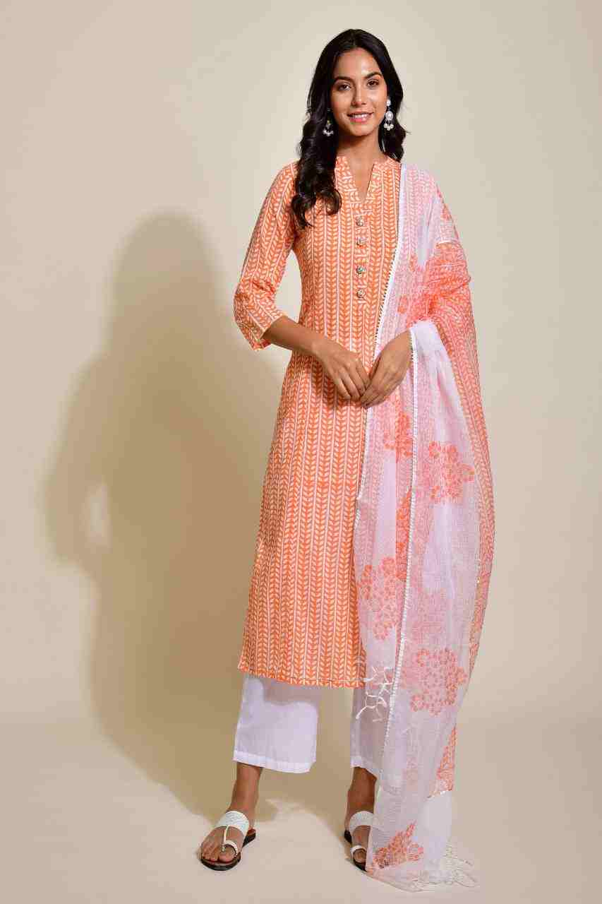 Naksh Orange and White Striped Print Kurta and Dupatta (Set of 2)