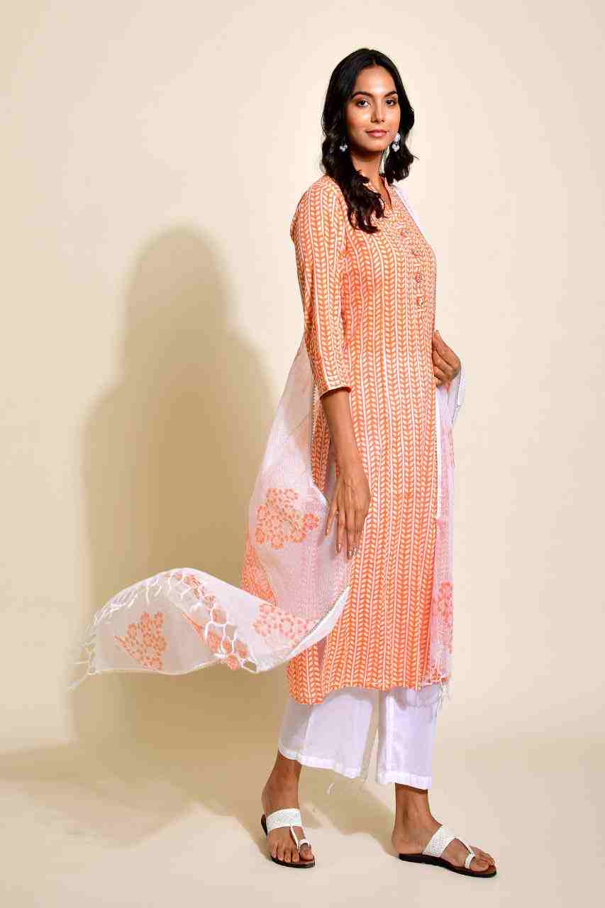 Naksh Orange and White Striped Print Kurta and Dupatta (Set of 2)