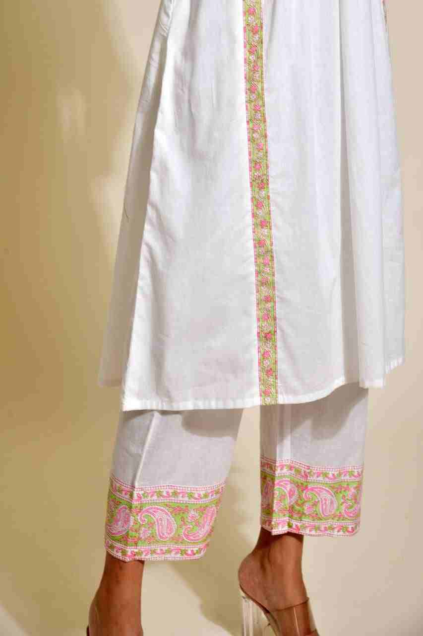 Naksh White and Pink Flared Kurta With Printed Dupatta and Pants (Set Of 3)