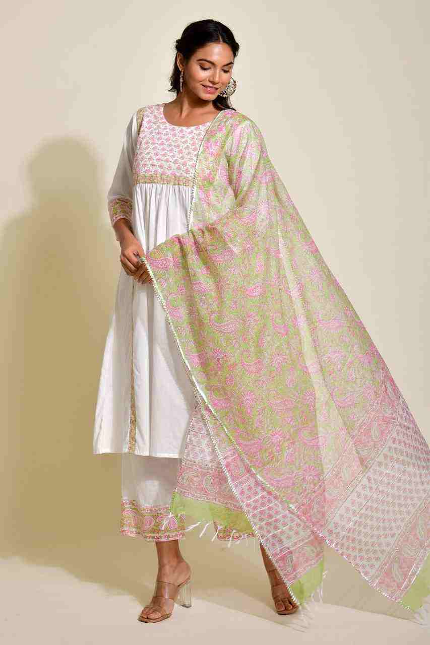 Naksh White and Pink Flared Kurta With Printed Dupatta and Pants (Set Of 3)