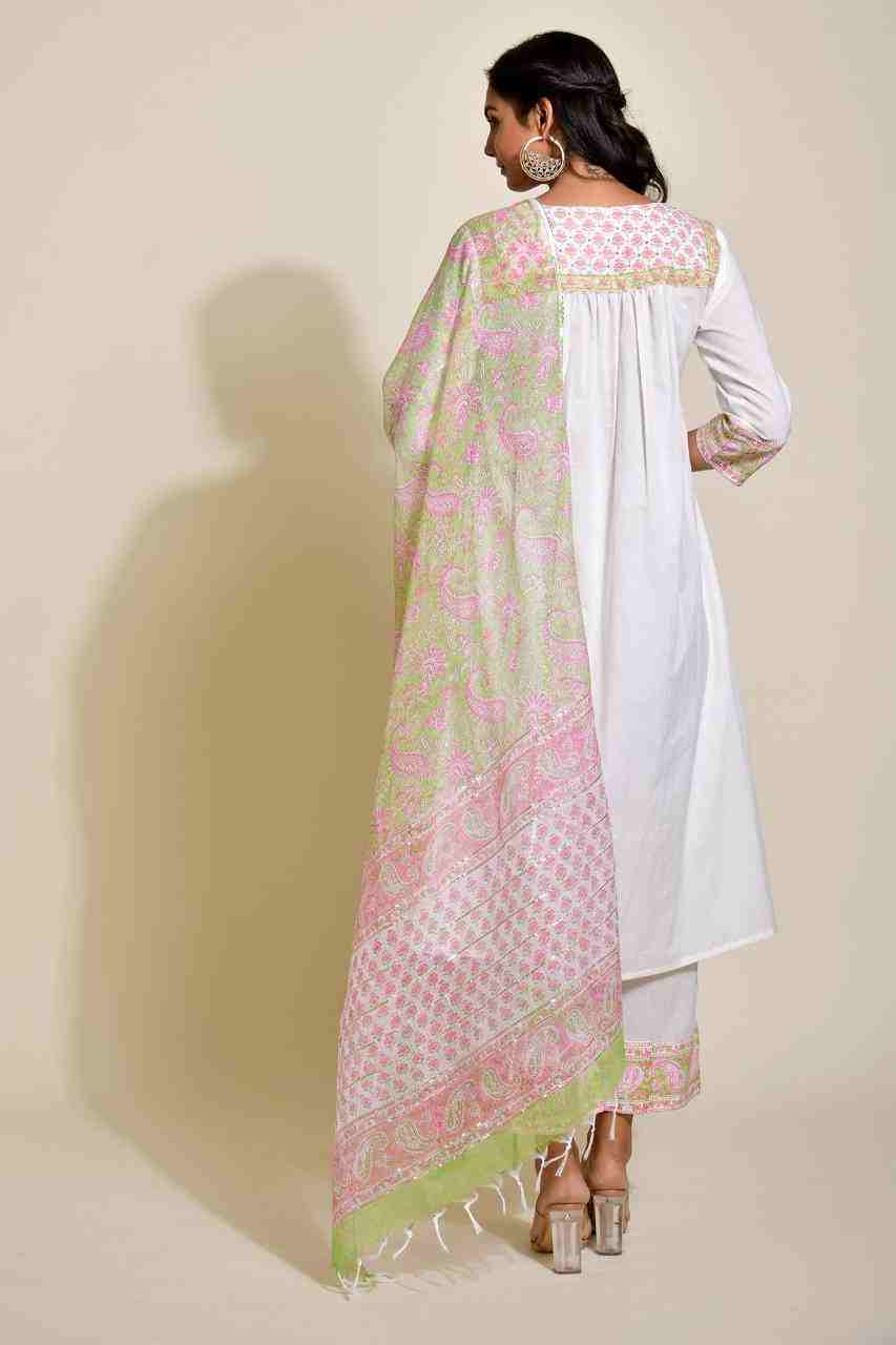 Naksh White and Pink Flared Kurta With Printed Dupatta and Pants (Set Of 3)