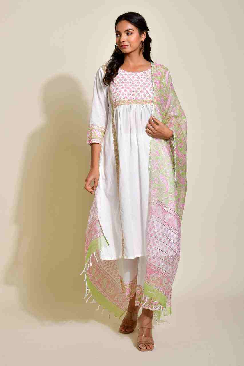 Naksh White and Pink Flared Kurta With Printed Dupatta and Pants (Set Of 3)