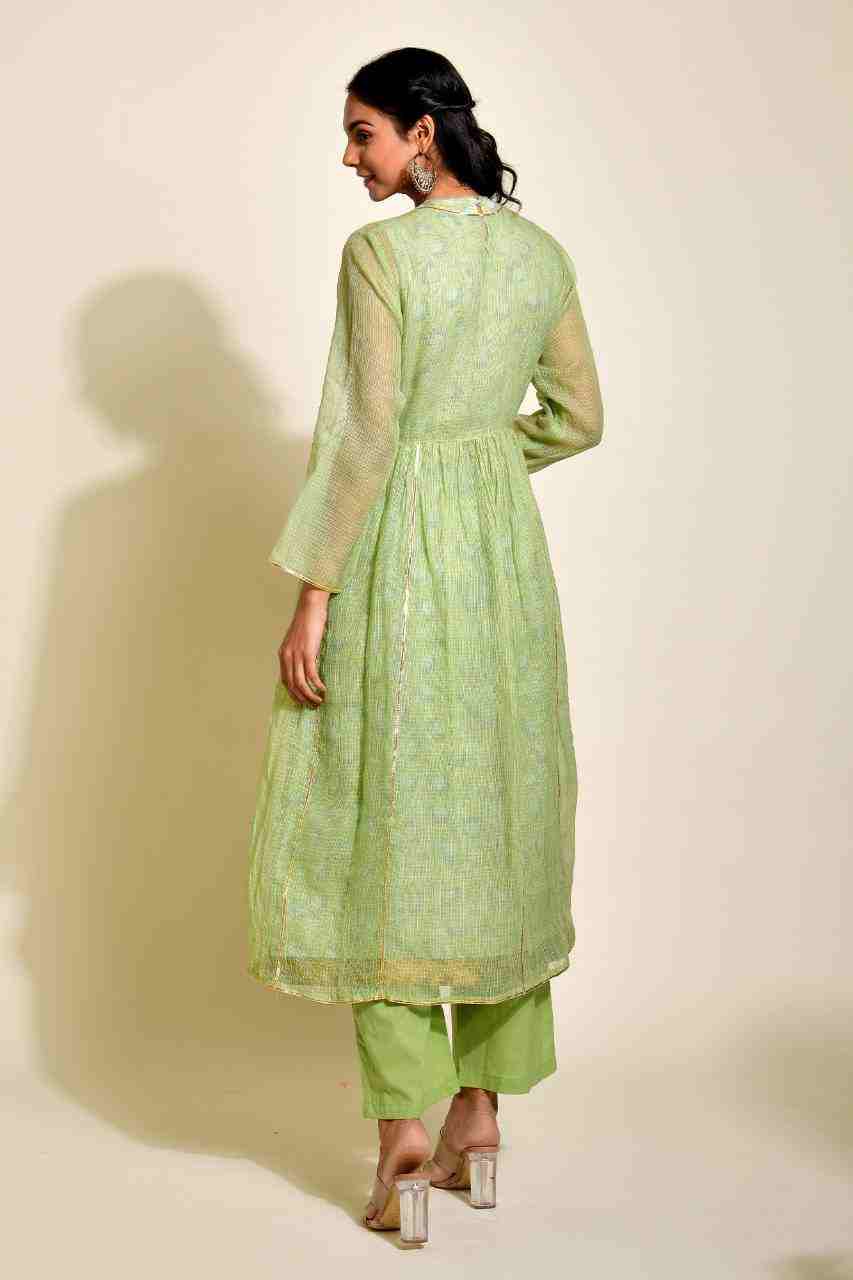 Naksh Green Solid Kota Doriya Jacket with Block Printed Inner and Solid Pants (Set of 3)