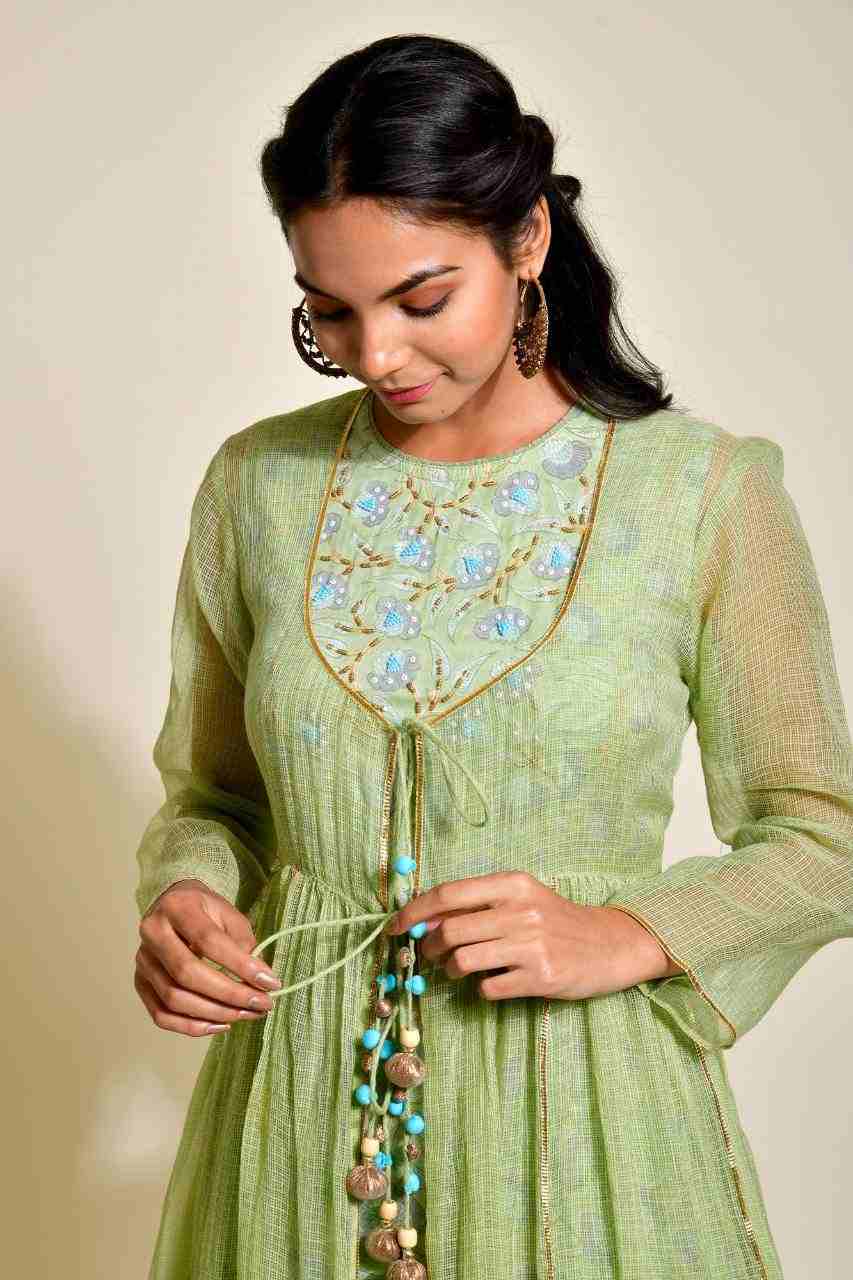 Naksh Green Solid Kota Doriya Jacket with Block Printed Inner and Solid Pants (Set of 3)