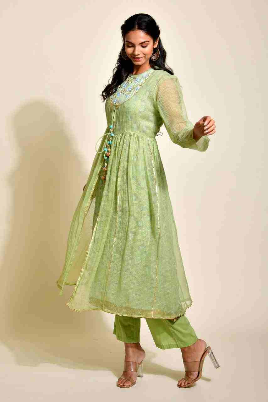 Naksh Green Solid Kota Doriya Jacket with Block Printed Inner and Solid Pants (Set of 3)