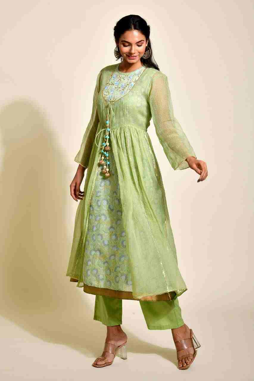 Naksh Green Solid Kota Doriya Jacket with Block Printed Inner and Solid Pants (Set of 3)