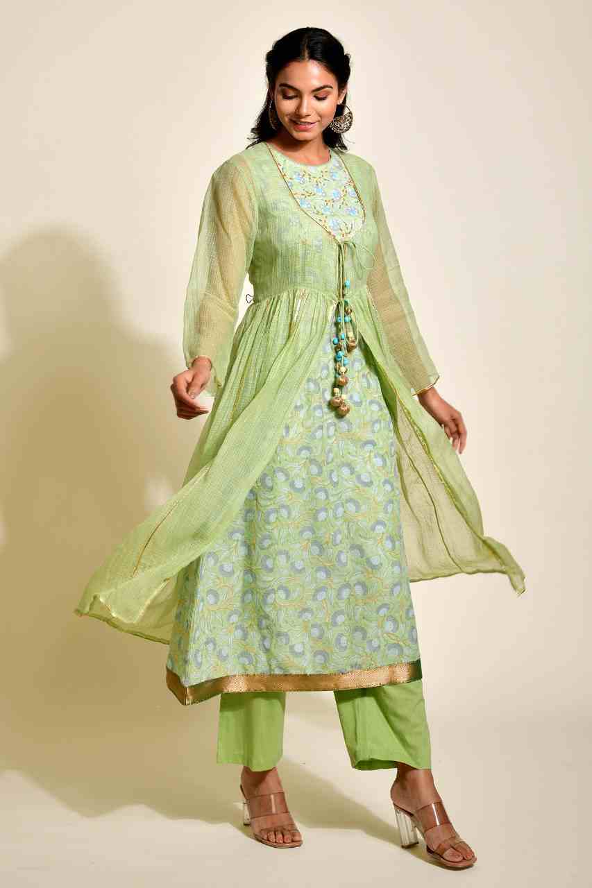 Naksh Green Solid Kota Doriya Jacket with Block Printed Inner and Solid Pants (Set of 3)