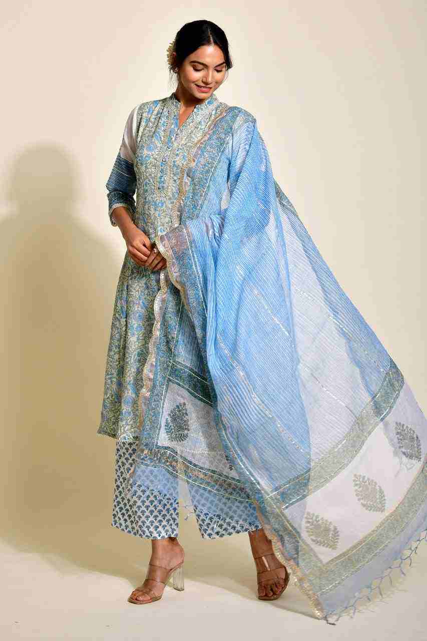 Naksh Blue and Grey Kota Doriya Block Printed Straight Kurta, Dupatta and Pants (Set of 3)
