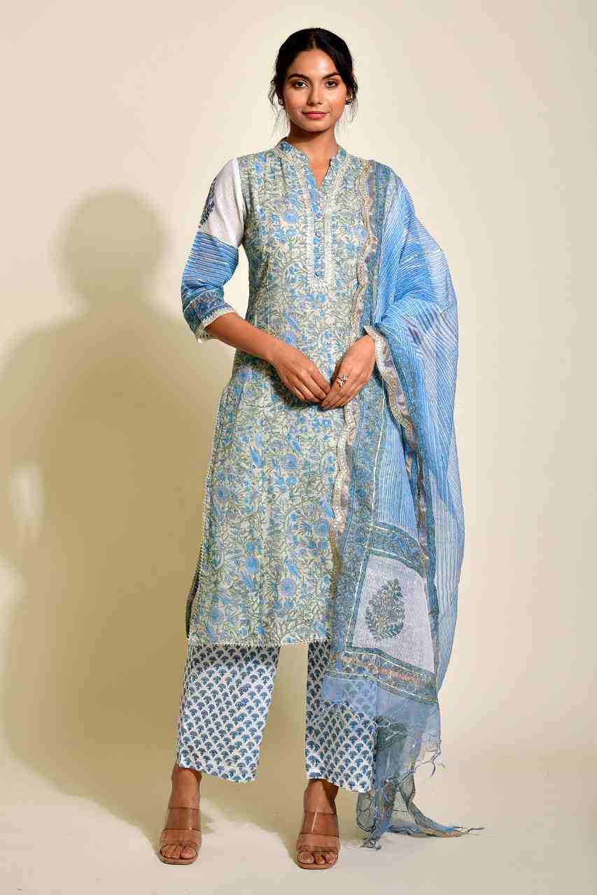Naksh Blue and Grey Kota Doriya Block Printed Straight Kurta, Dupatta and Pants (Set of 3)