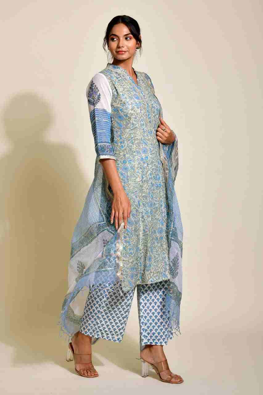 Naksh Blue and Grey Kota Doriya Block Printed Straight Kurta, Dupatta and Pants (Set of 3)