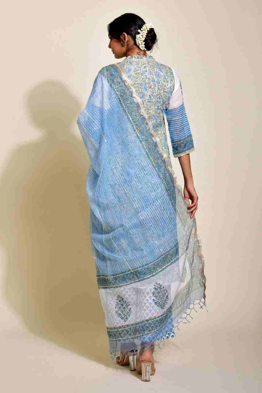 Naksh Blue and Grey Kota Doriya Block Printed Straight Kurta, Dupatta and Pants (Set of 3)