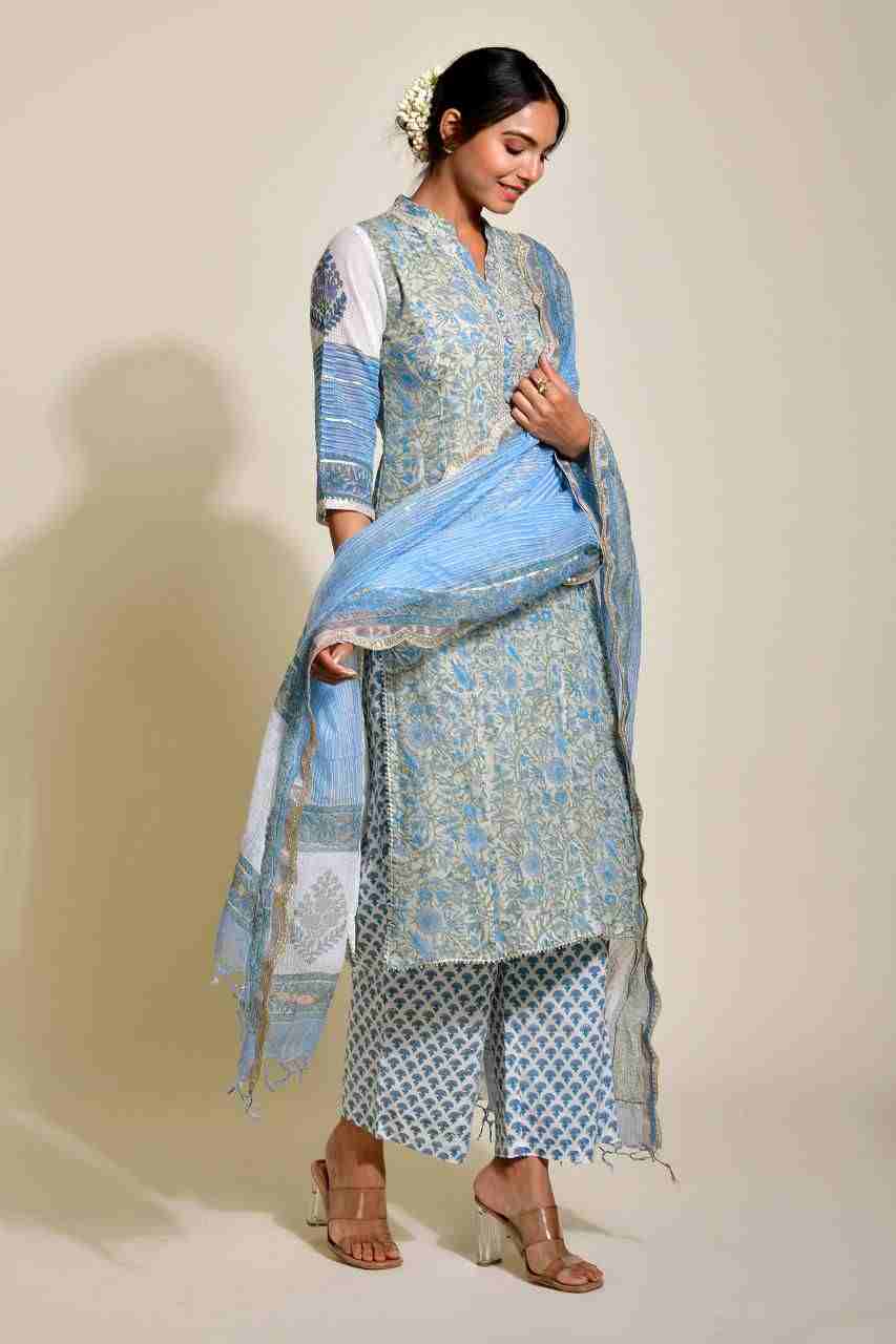 Naksh Blue and Grey Kota Doriya Block Printed Straight Kurta, Dupatta and Pants (Set of 3)