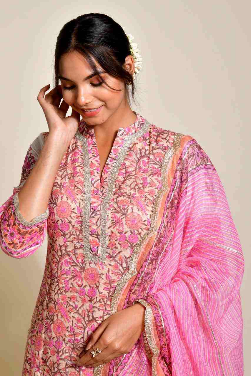 Naksh Peach and Pink Kota Doriya Block Printed Straight Kurta, Dupatta and Pants (Set of 3)