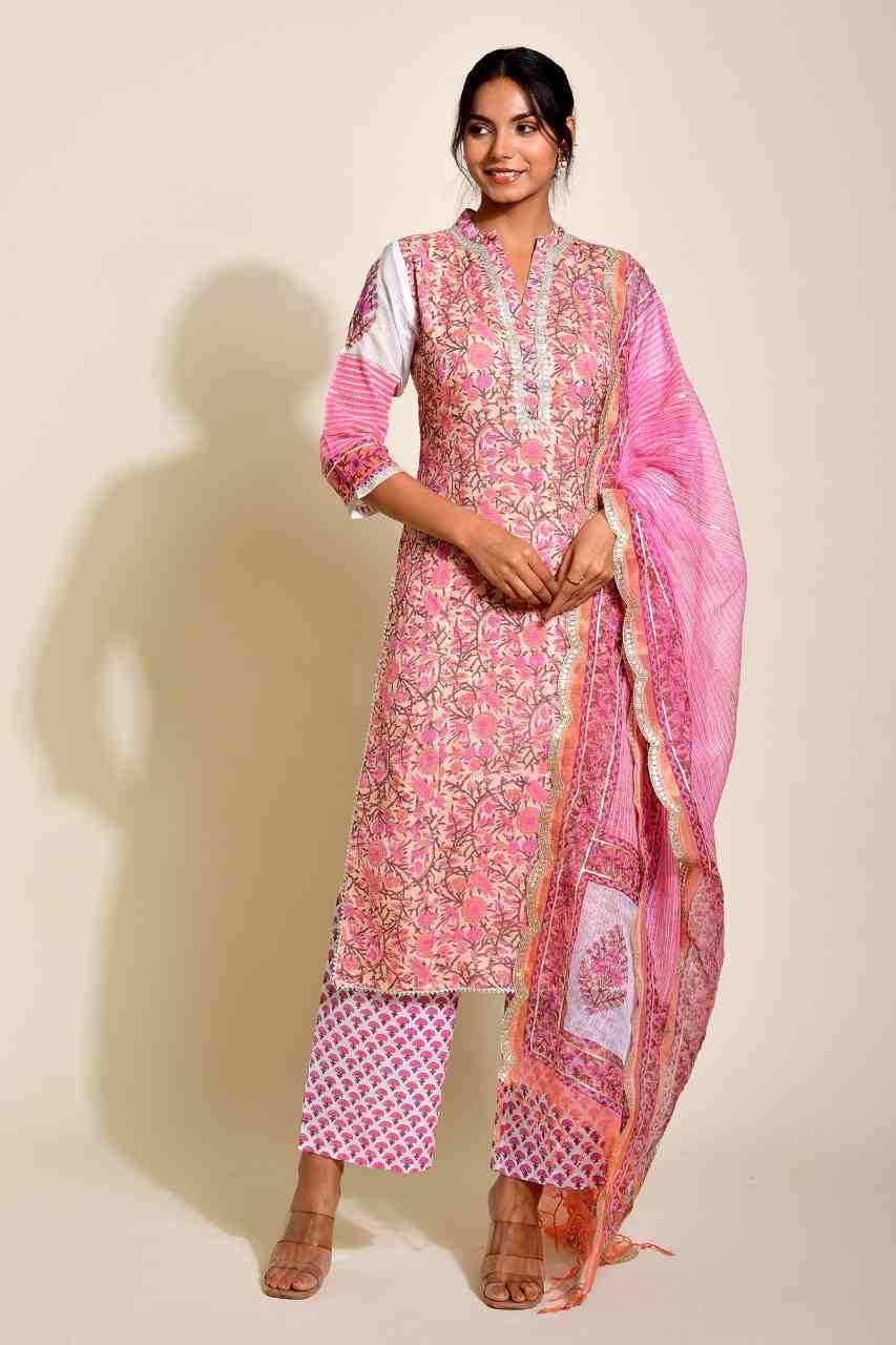 Naksh Peach and Pink Kota Doriya Block Printed Straight Kurta, Dupatta and Pants (Set of 3)