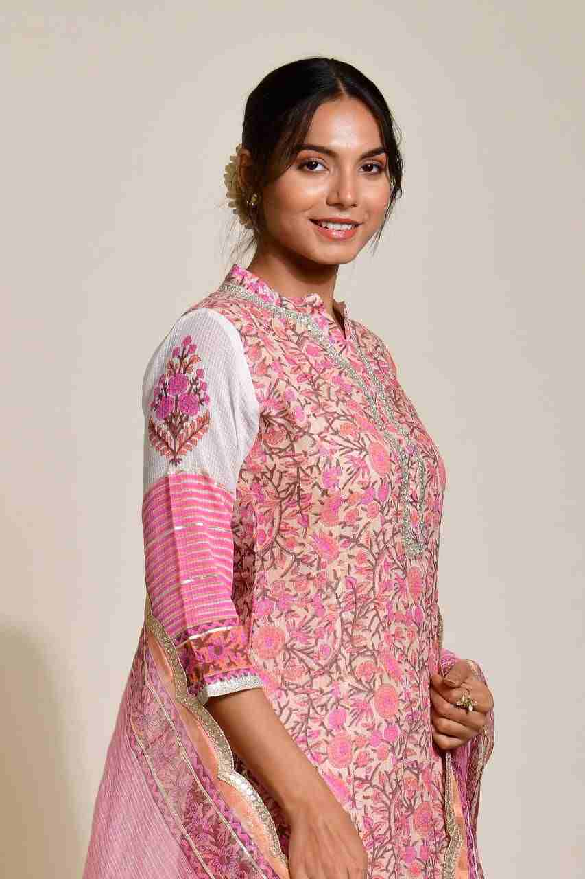 Naksh Peach and Pink Kota Doriya Block Printed Straight Kurta, Dupatta and Pants (Set of 3)