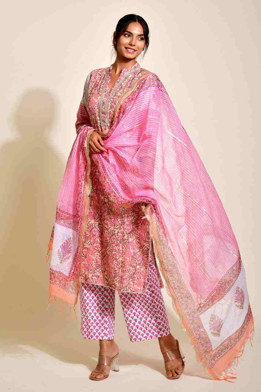Naksh Peach and Pink Kota Doriya Block Printed Straight Kurta, Dupatta and Pants (Set of 3)