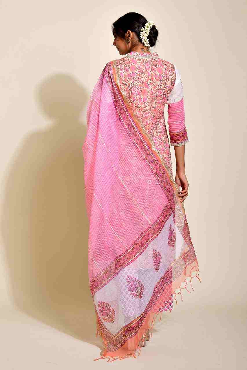 Naksh Peach and Pink Kota Doriya Block Printed Straight Kurta, Dupatta and Pants (Set of 3)