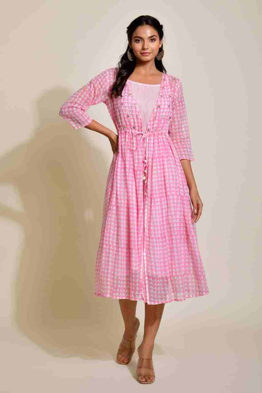 Naksh Light Pink Striped Sleevless Kurta With Kota Printed Jacket (Set of 2)