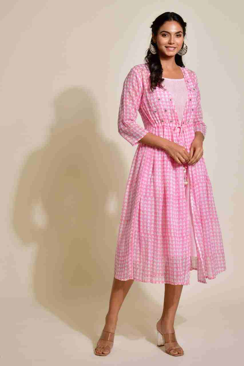 Naksh Light Pink Striped Sleevless Kurta With Kota Printed Jacket (Set of 2)