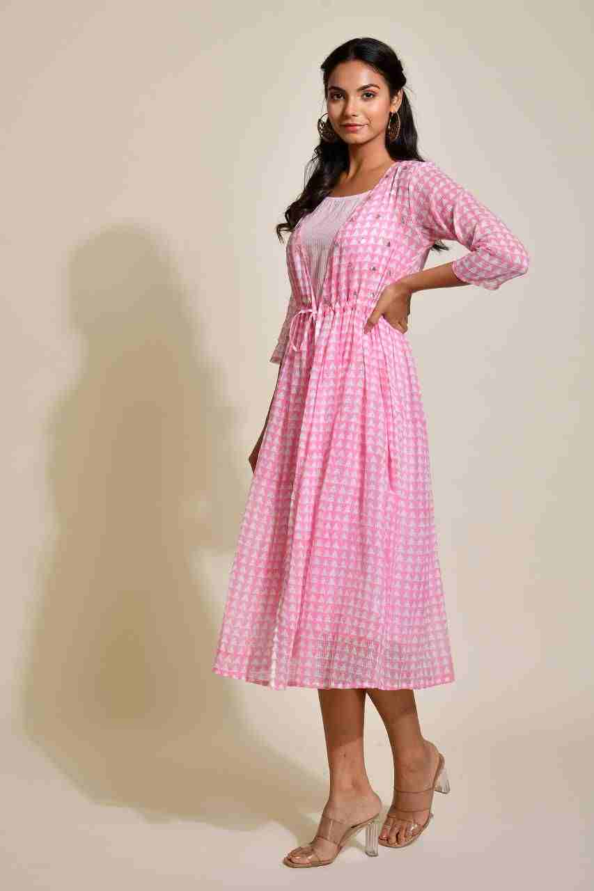 Naksh Light Pink Striped Sleevless Kurta With Kota Printed Jacket (Set of 2)