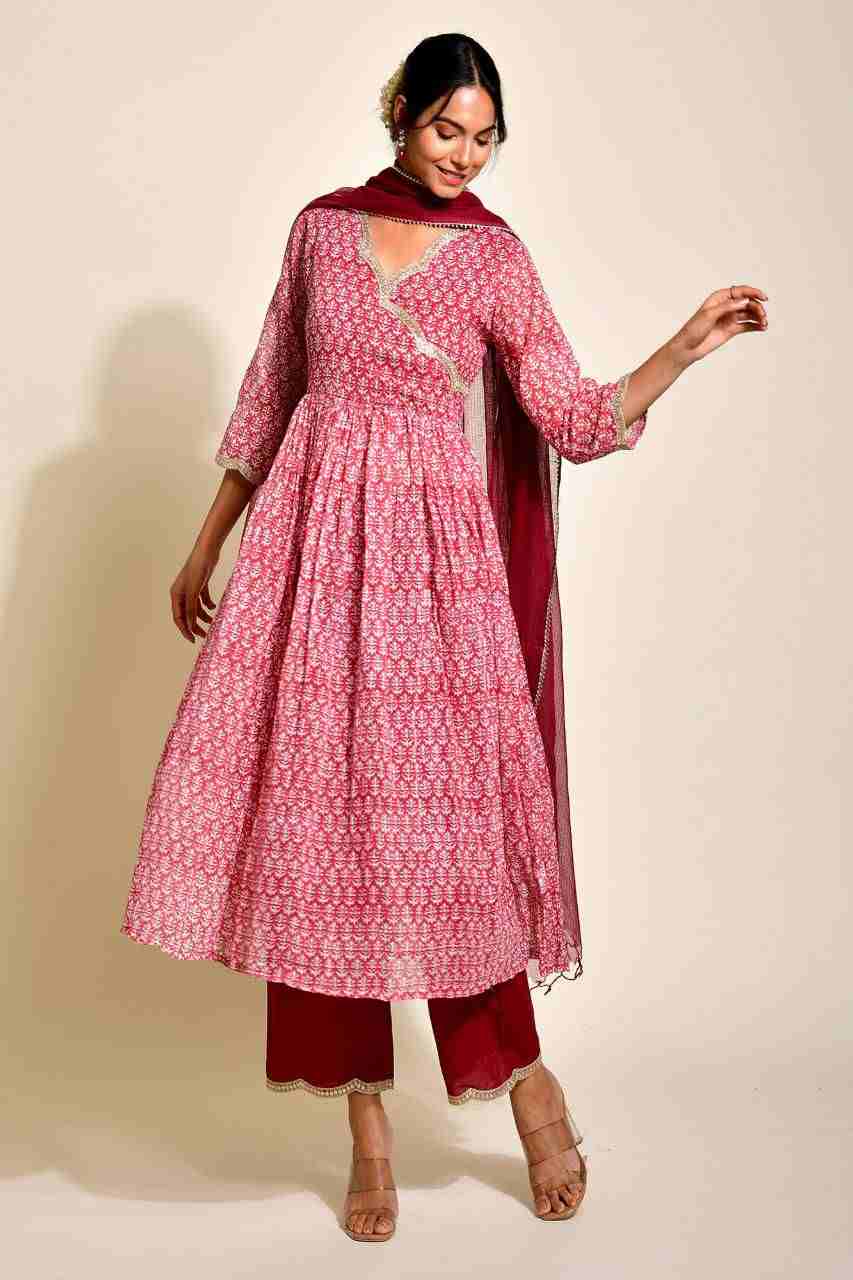 Naksh Red Maroon Kota Doriya Angarkha Kurta, Pants and Dupatta (Set of 3)